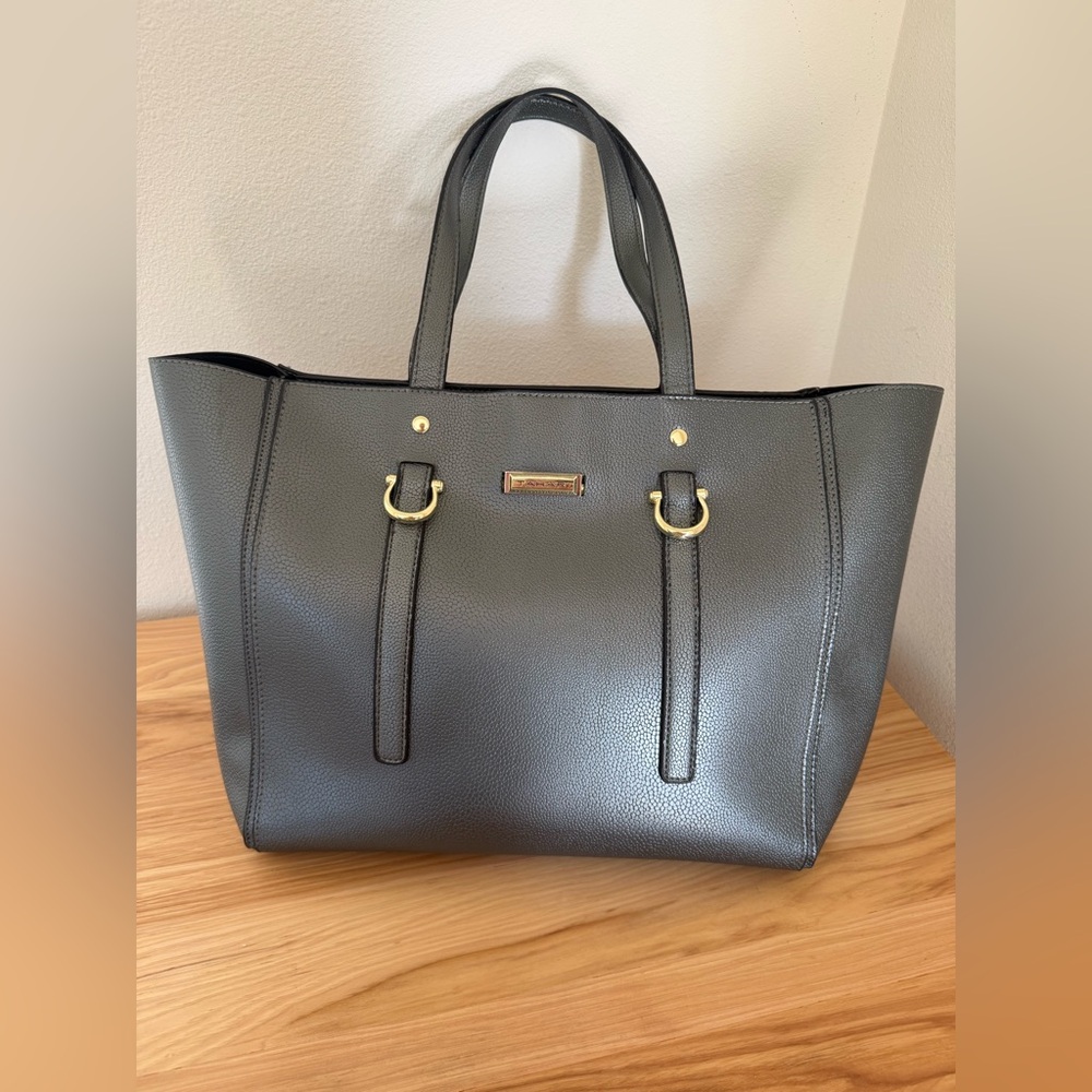 Tahari Dark Gray Pebbled Tote Bag Gold Hardware‎ Structured Work Everyday Purse